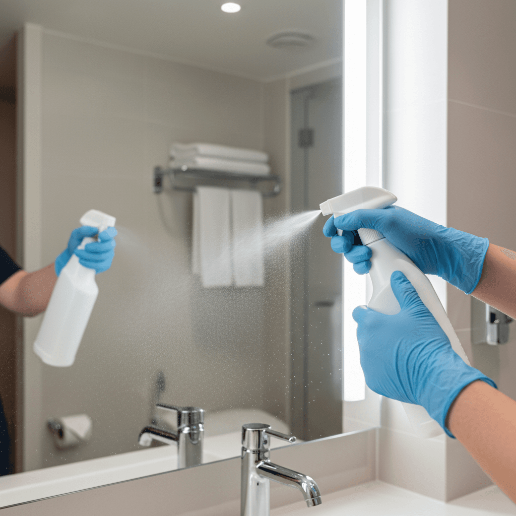 Hands spraying disinfectant on bathroom mirror surface