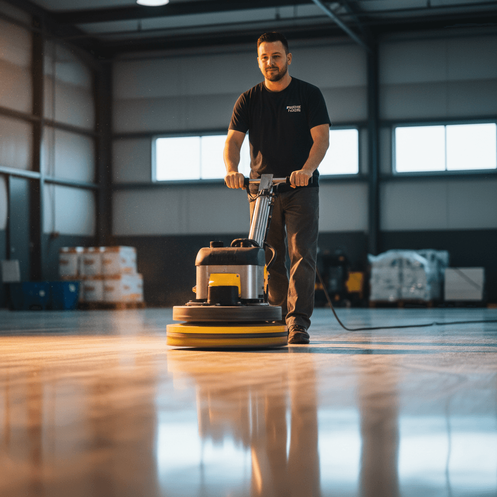 Floor buffing and polishing machine working on commercial flooring