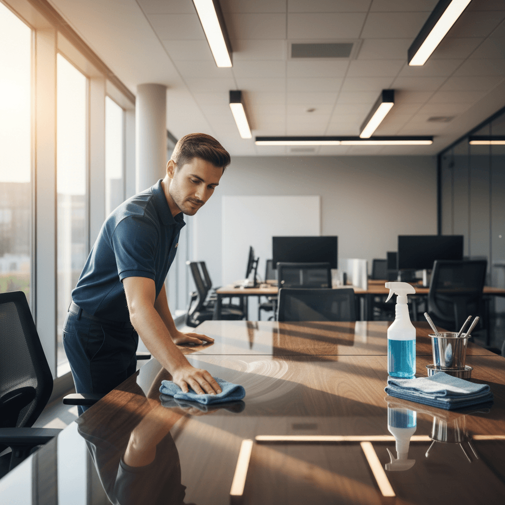 Professional cleaner maintaining a polished office conference table