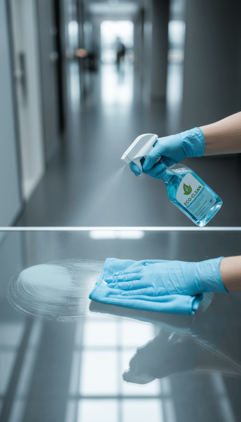 Close-up of professional cleaning technique on commercial glass surface