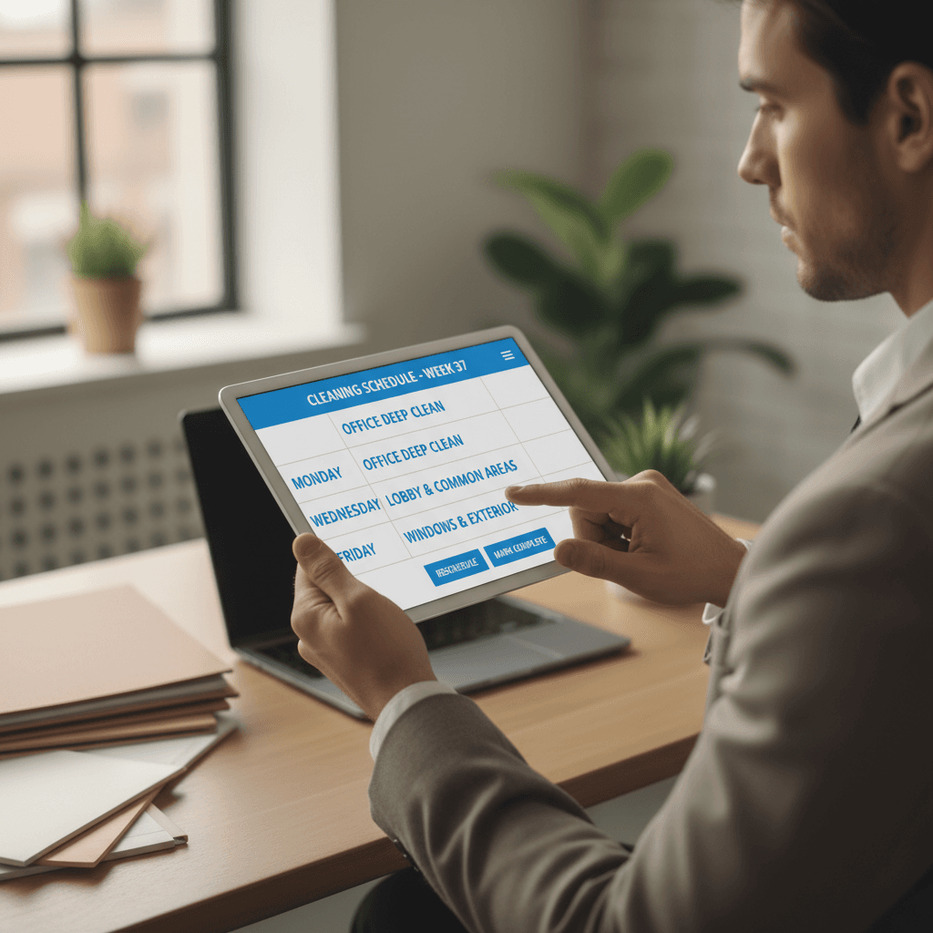 Cleaning schedule on clipboard being reviewed by professional