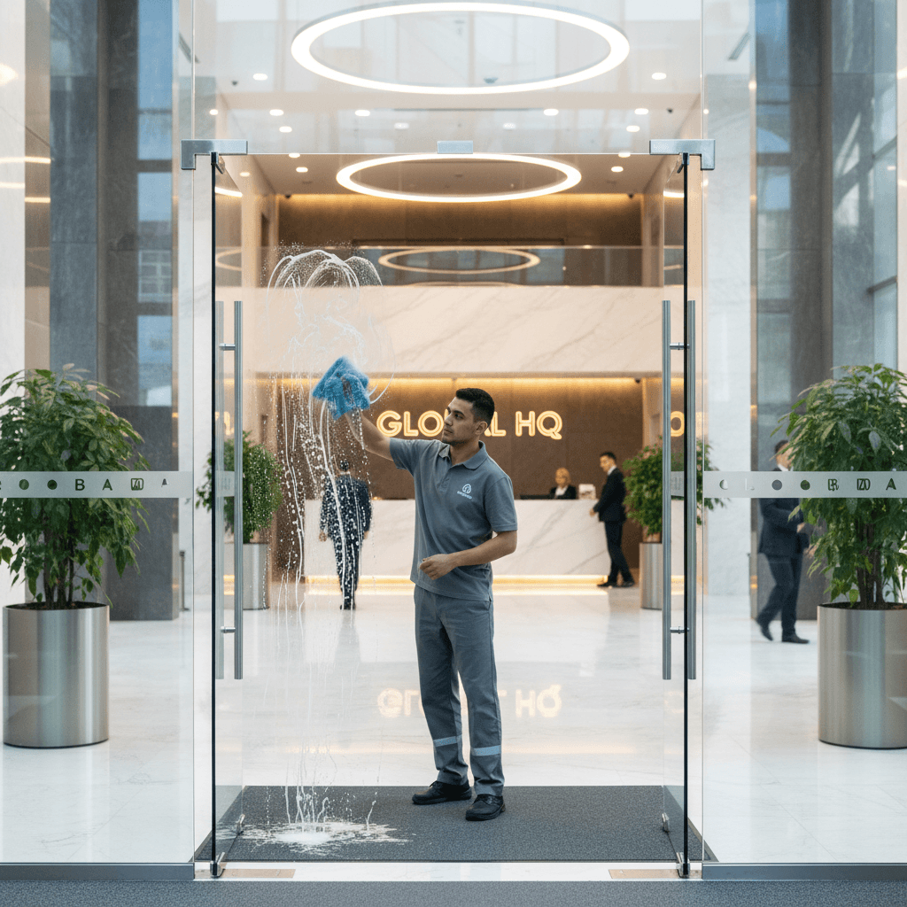 Professional cleaner polishing glass doors in a modern office lobby