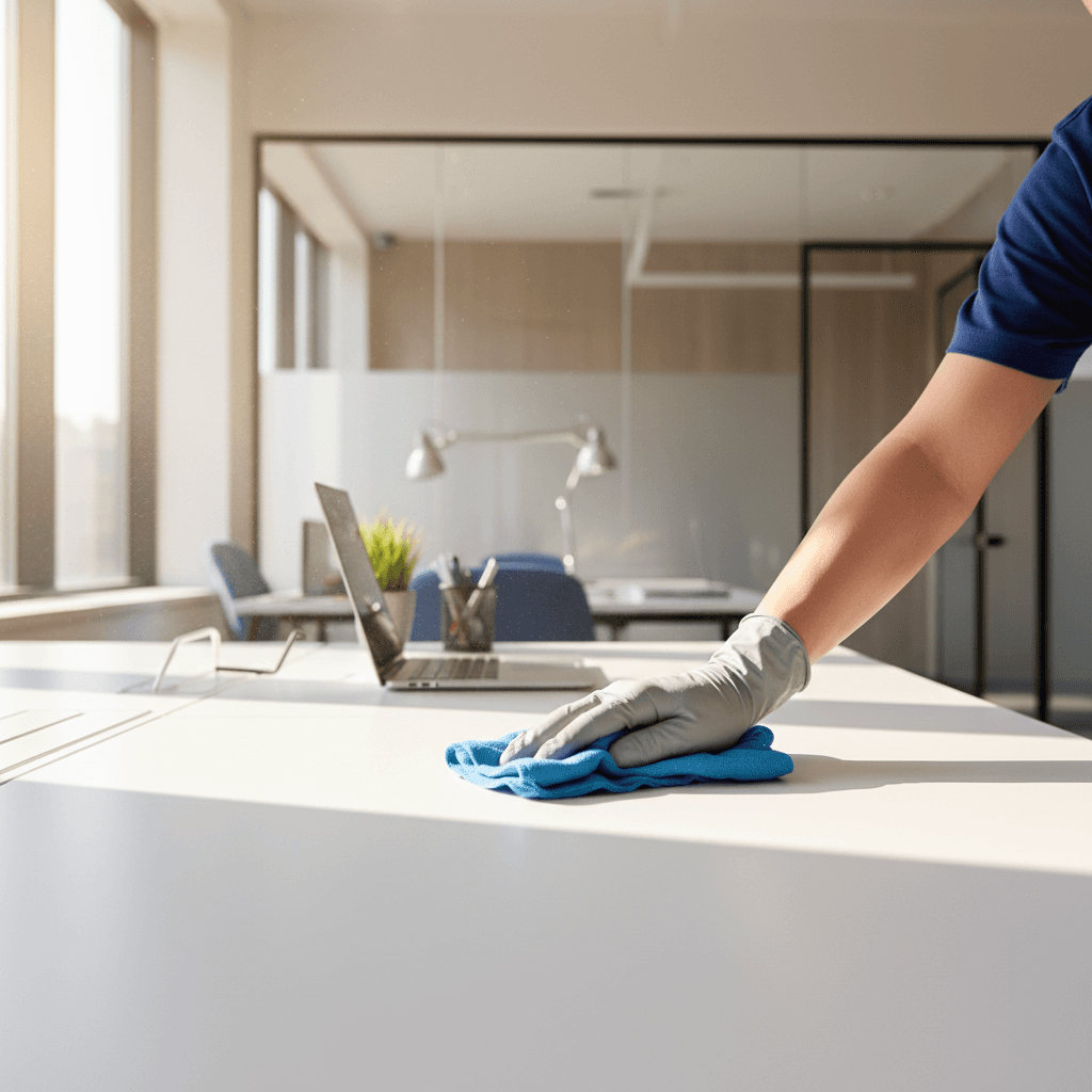Professional cleaner wiping down an office desk in a modern workspace
