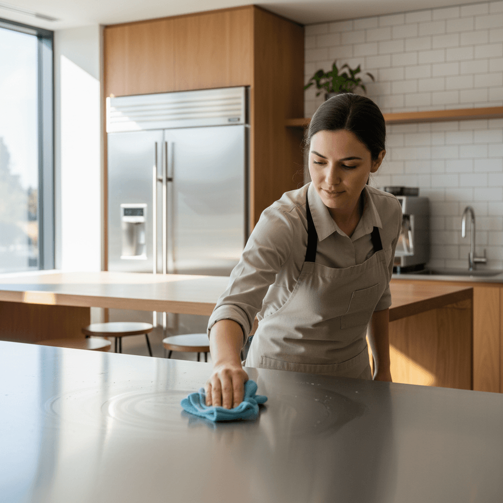 Break room kitchen countertop being cleaned and sanitized