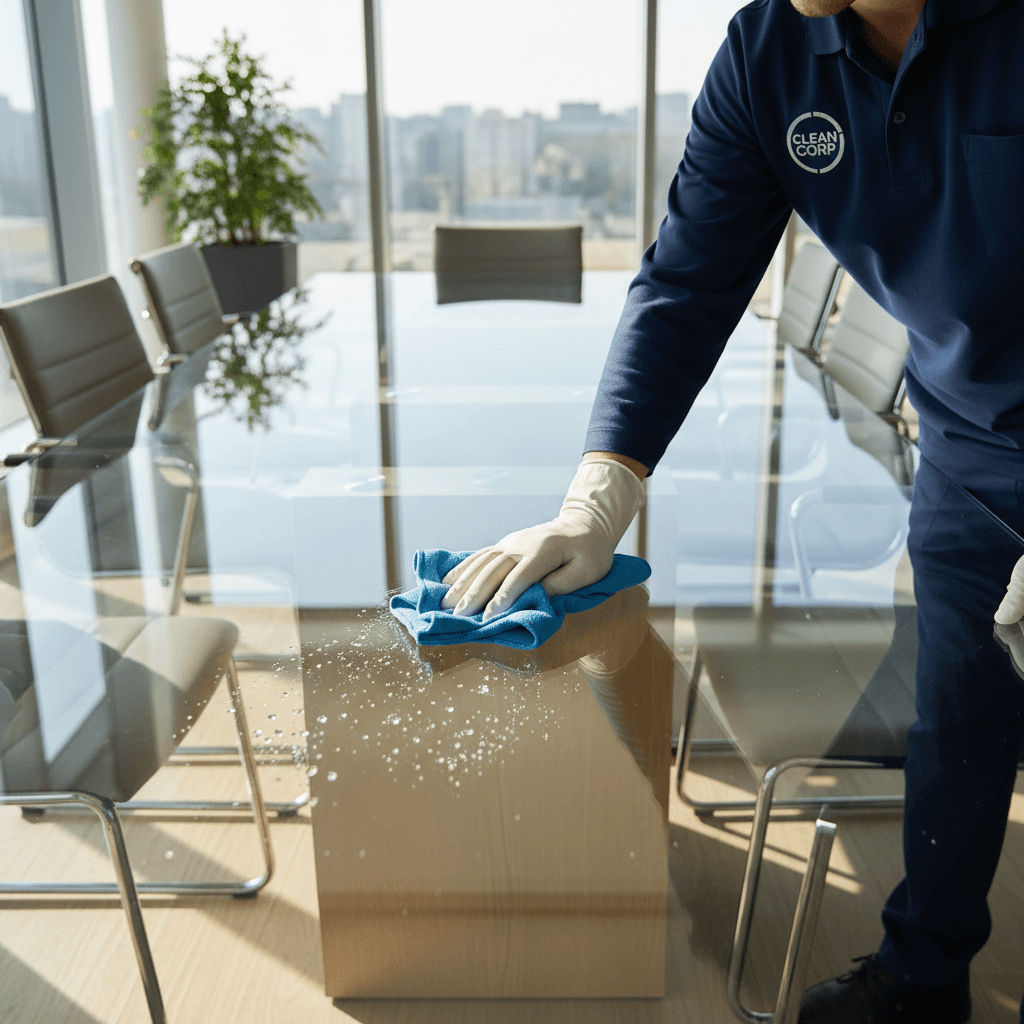 Blue Peak team member cleaning a commercial office space