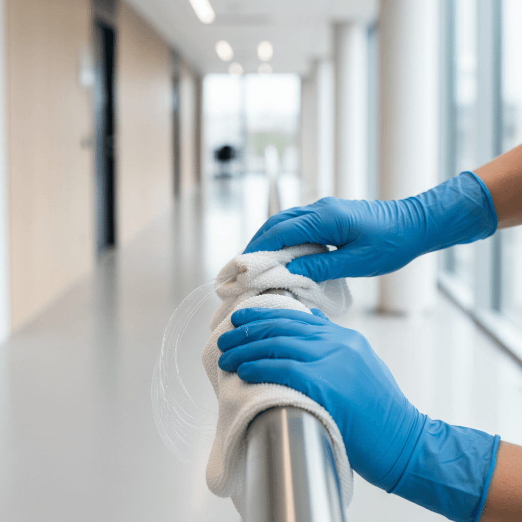 Commercial restroom being sanitized and disinfected