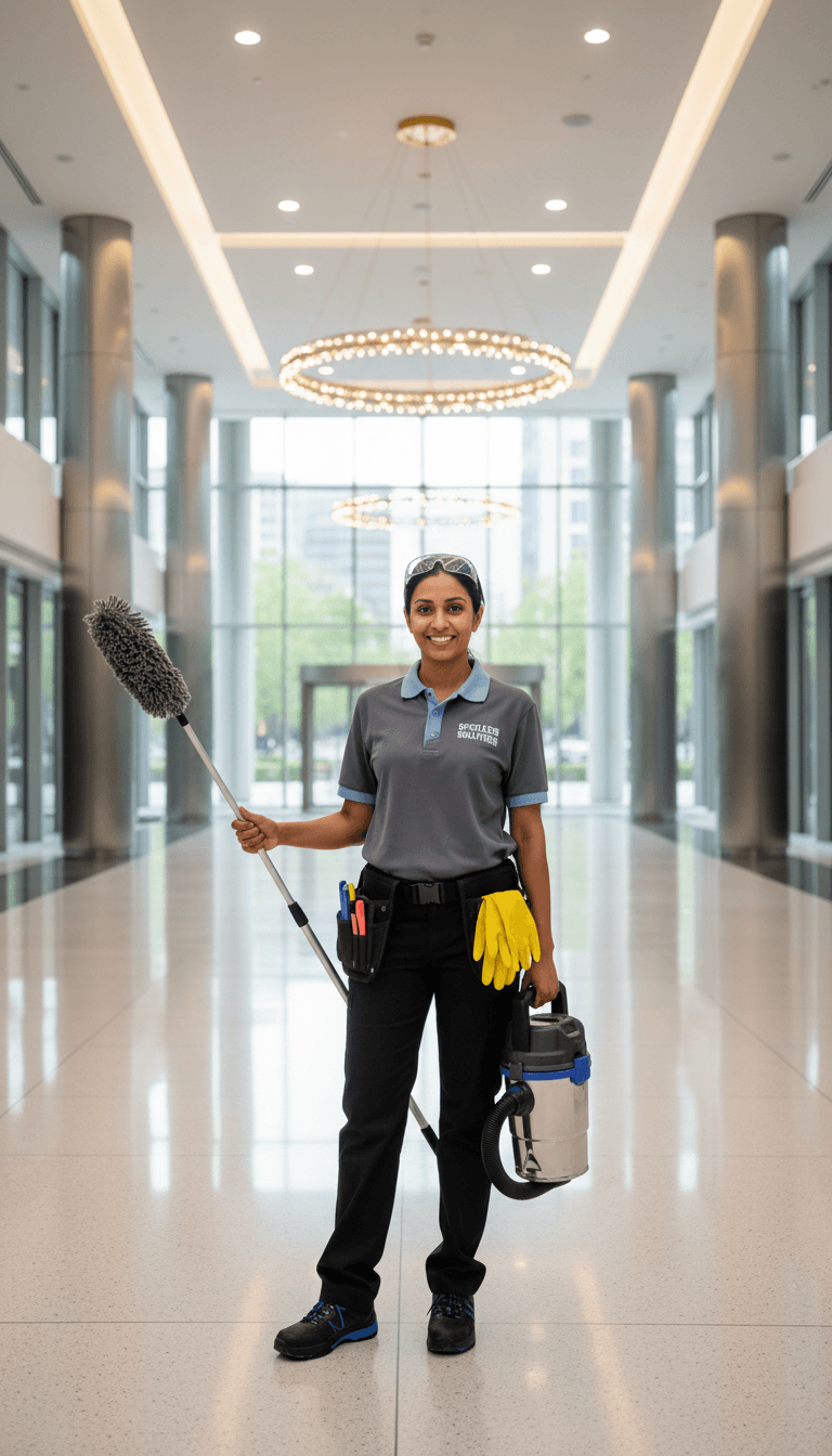 Commercial cleaning team leader reviewing service checklist on tablet