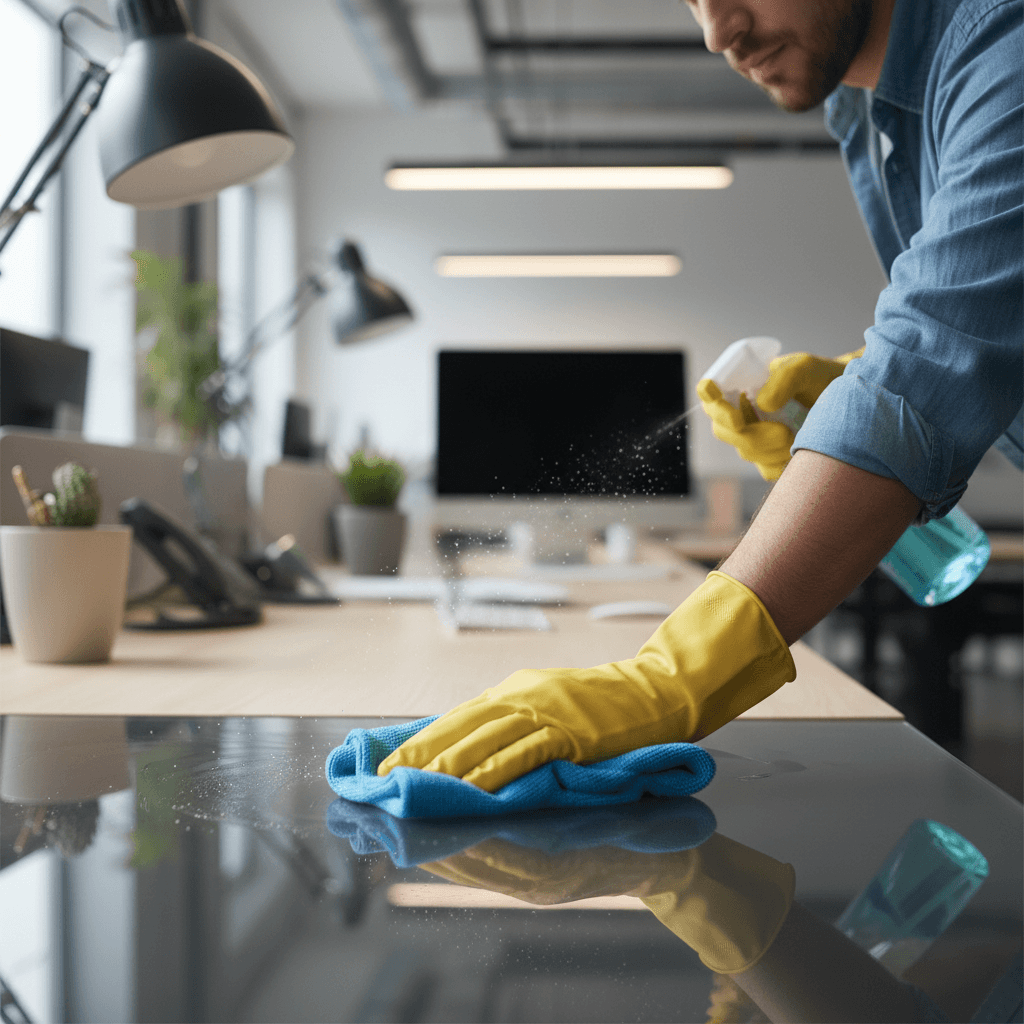 Professional cleaner polishing office glass partition with microfiber cloth