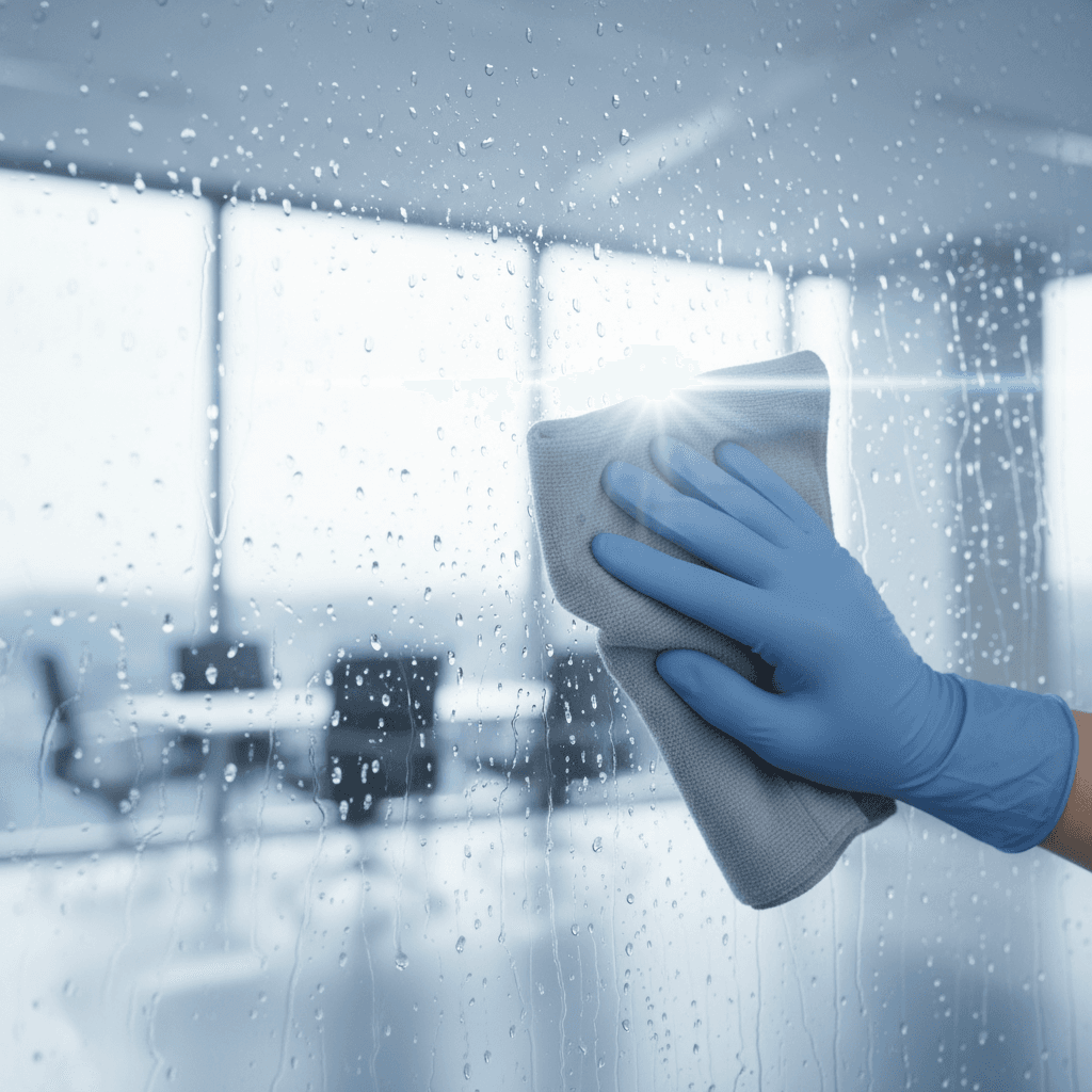 Commercial window cleaner working on large office building windows from inside