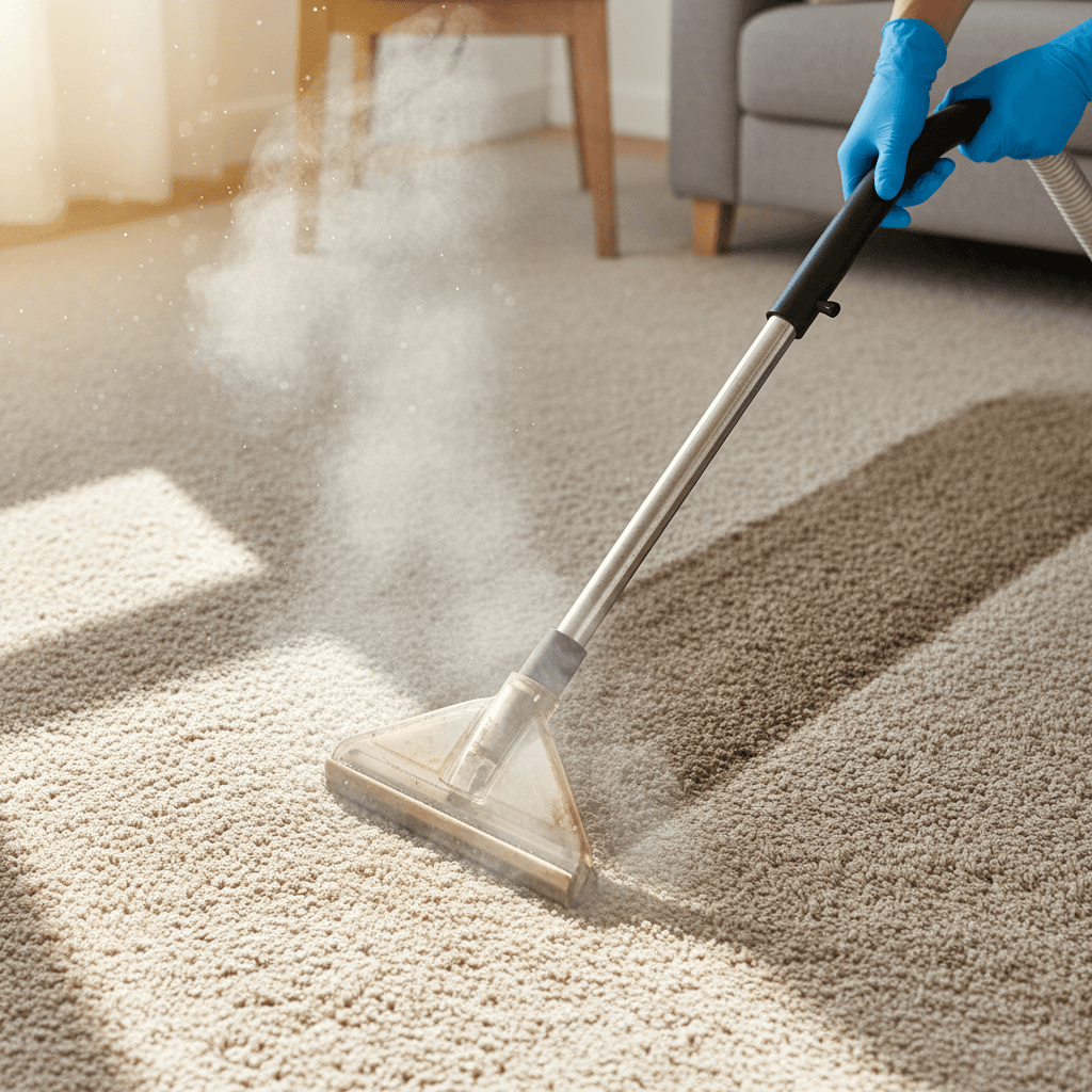 Commercial carpet being professionally cleaned and treated